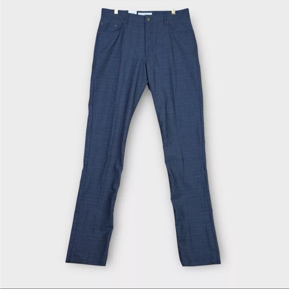 Brax Cooper Fancy Regular Fit Chino Pants Mens 35x36 Blue Plaid Unhemmed Leg NWT
